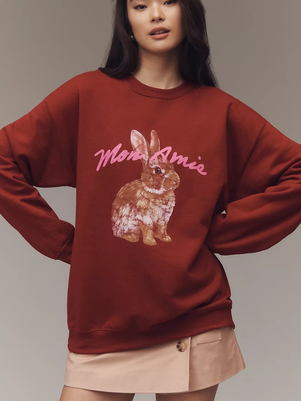 Anthropologie Mon Amie Bunny Graphic Sweatshirt Rust Red Pink Rabbit Pullover XS